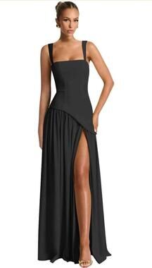 Black Maxi Dress Bridesmaid Square Neck Long Wedding Prom Dress Size 4
